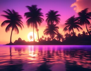 Vibrant sunset over tropical islands with silhouetted palm trees and reflecting water