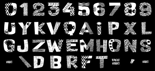Decorative Alphabet Font Set with Textured Patterns, Numbers and Symbols &ndash; Colorful Typography Vector Design for Creative Projects and Print