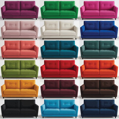 Collection of colorful modern sofas arranged in a grid layout