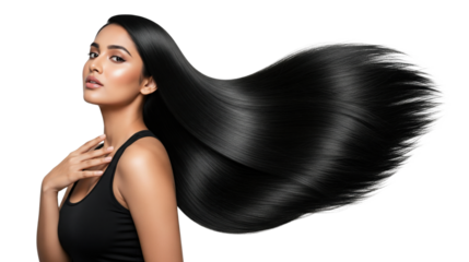 Beautiful woman with long black silky hair flowing to the side