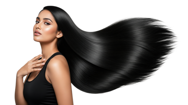 Beautiful woman with long black silky hair flowing to the side