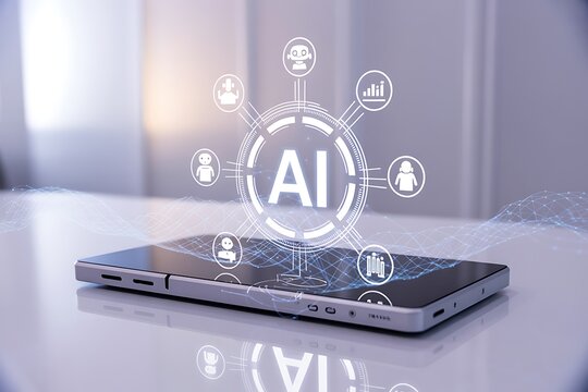 Artificial intelligence concept with icons and data network overlay on a smartphone