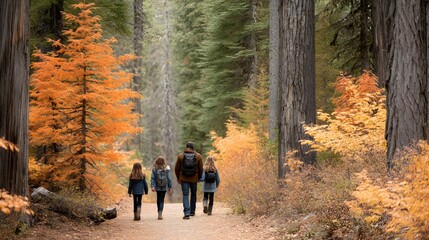 Fototapeta premium Family hiking in forests with hints of fall color