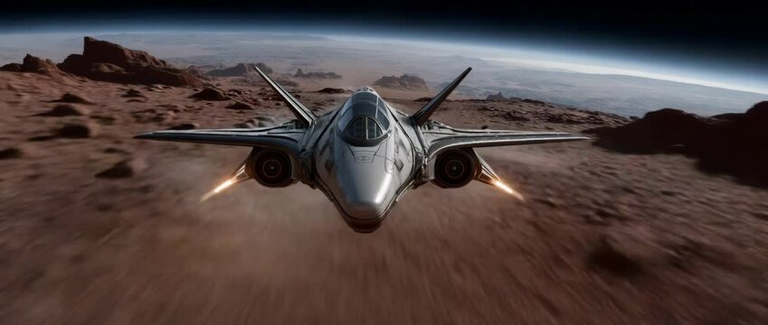 Futuristic Spaceship Flight: A sleek, silver futuristic spaceship soars through a reddish planet's atmosphere, twin flame shooting from its thrusters against an alien landscape.