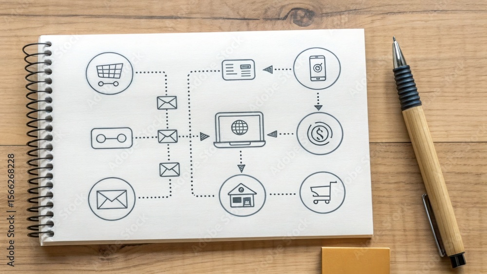 Aufkleber cross channel marketing and strategy concept. digital workflow diagram on a notepad with a pen besid