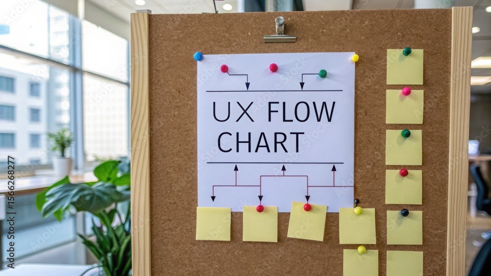 Poster cross channel marketing and strategy concept. ux flow chart displayed on a corkboard in a modern off