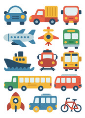 Collection of colorful flat design vehicles including cars buses airplane boat helicopter and rocket