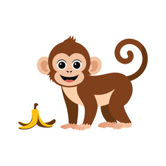 Fototapeta premium Cute cartoon monkey with a banana peel on a white background