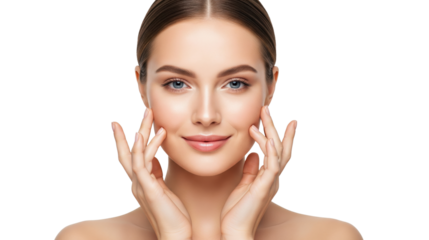 Young Caucasian woman touching cheeks, smiling for natural beauty and skincare.