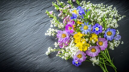 Vibrant Colorful Wildflower Bouquet on Dark Stone