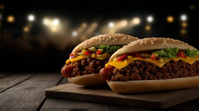 Delicious Hot Dogs: Two gourmet hot dogs are presented on a rustic wooden board, offering a feast for the eyes and taste buds, illuminated in a warm, inviting light and the bokeh background.