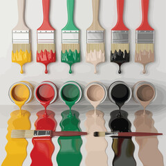 Collection of paint cans and brushes with dripping paint in various colors