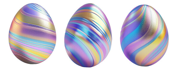Fototapeta premium Decorative Easter egg with shimmering pastel stripes in gold, blue, and purple isolated on white transparent background. Symbol of Easter and celebration