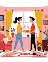 Flat style JPG illustration of a happy couple having a romantic dinner at home
