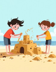 Flat style JPG illustration of two children building a sandcastle on the beach
