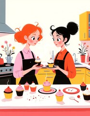 Flat style JPG illustration of two female friends decorating cupcakes in a colorful kitchen
