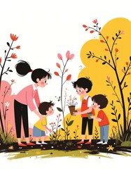Flat style JPG illustration of children planting a tree with a teacher in an autumn park
