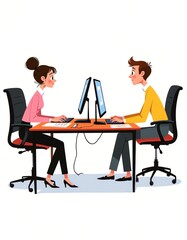Flat style JPG illustration of two office workers sitting at desks and working on computers
