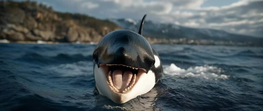Majestic Killer Whale: An imposing killer whale surfaces, mouth agape, its distinctive black and white markings sharply contrasted against the tranquil ocean, revealing its true nature.