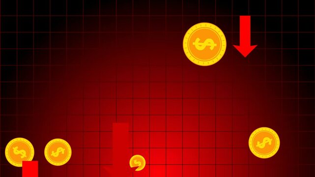 Dollar golden coins falling with red arrows downward, concept of weak currency, red graph, financial.