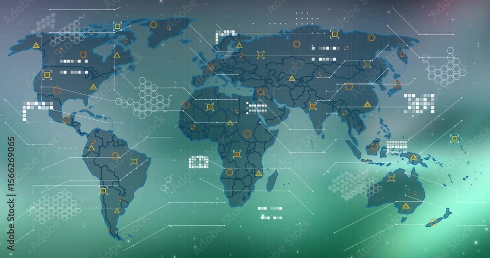Poster gradient spreading and map outlines defining driving nodes popping up visualizing global data flow