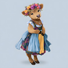 Calf Dressed in a Folk Costume with Floral Wreath Standing on a Light Background