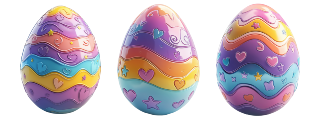 Vibrant Easter egg with embossed patterns of waves, stars, and hearts in pastel colors isolated on white transparent background. Festive holiday decoration concept