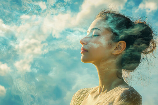 AI-Generated Dreamlike Portrait: Serene Woman Merging with Sky and Clouds, Peaceful and Ethereal Beauty, Digital Art, AI Art, Fantasy Portrait