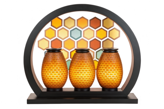Three honeycombed vases with hexagonal backdrop isolated on transparent background - Powered by Adobe