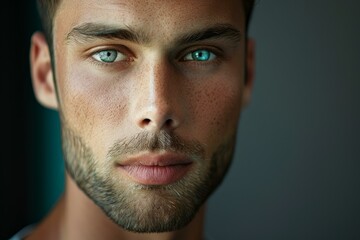 Obraz premium Portrait of attractive young male model with freckles and striking blue eyes showing confidence and determination