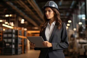 Industrial manager wearing hardhat using digital tablet and controlling work in warehouse
