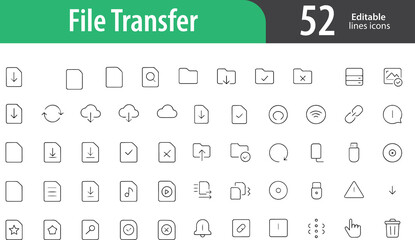 Fototapeta premium File Transfer Line Icons, Upload Arrow, Download Symbol, Cloud Sync, Send File, Folder Share, Editable Formats: AI, EPS, PNG, JPG, Ideal for Both Digital and Print Use 