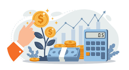 Financial Growth, Investment, and Business Accounting.Illustration of financial growth, investment, and accounting: money plant, coins, cash, upward graph, and calculator.