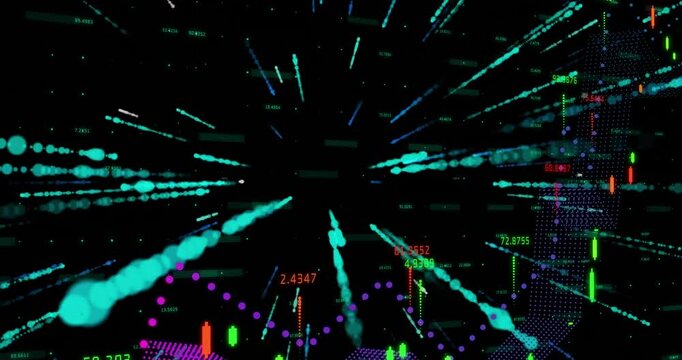 Magenta line appearing sparking streaming particles forming candlestick bars showing fluctuations