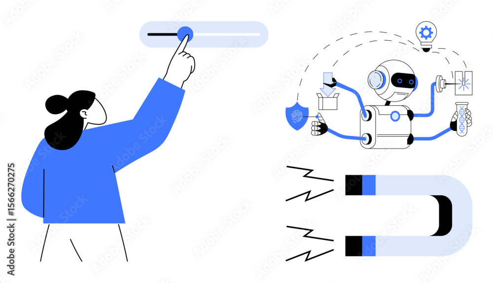 Poster person interacting with a slider, ai robot multitasking with icons of tasks, and magnet signifying a