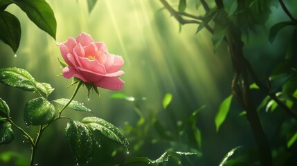 Pink rose in sunlight, dew drops on leaves, lush green foliage.