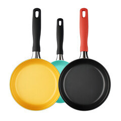Frying pans in vibrant colors with smooth surfaces and sturdy handles on a white background, Frying Pans, Isolated on white background