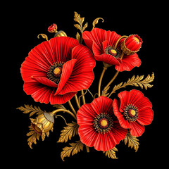 Red art deco style 3d flowers with golden steam and leaves