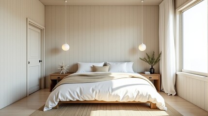 Uncluttered Beach House Interior Emphasizing Relaxed Living A Peaceful Bedroom Oasis with Natural Wood and Light Hues