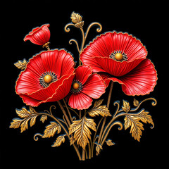 Golden leaves on red flower branch