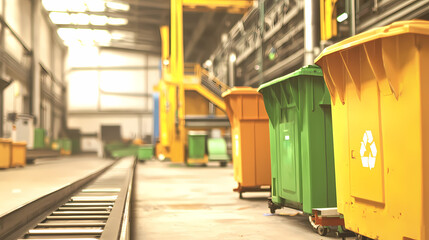 Colorful recycling bins lined up inside a spacious, well-lit industrial facility focused on waste management and environmental sustainability.
