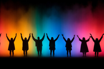 Fototapeta premium Silhouettes of people dancing energetically in a vibrant nightclub