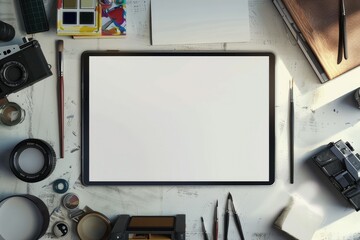 Designer Worktable with Mock Up Tablet, Stylus, Camera, Books and Painting Tools