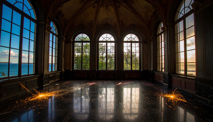 Majestic Palace Interior with Sunlit Arches and Lush Garden View Evoking Tranquil Elegance
