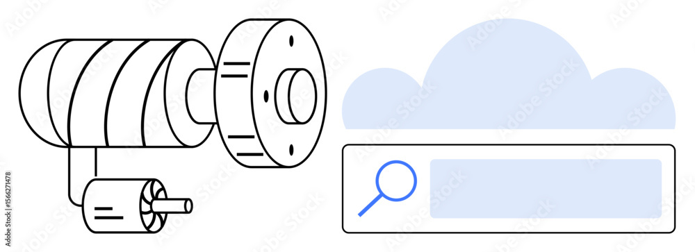 Poster mechanical turbine next to a search bar overlaying a cloud icon highlighting data, technology, innov