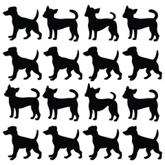 Playful silhouette pattern featuring cute dogs on a white background, perfect for pet lovers and backgrounds.