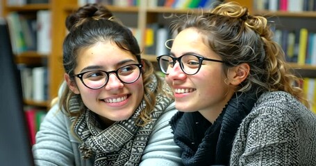 Two friends smiling while studying together in a library - Powered by Adobe