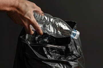 High Quality Picture of Hand Putting Empty Plastic Bottle in to Garbage Black Bag