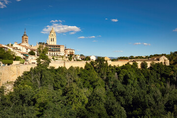View of Segovia old town with Cathedral tower in the center