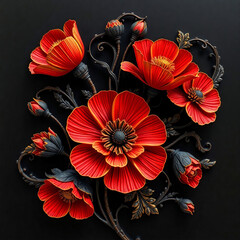Decorative blooming red flowers on black background 
